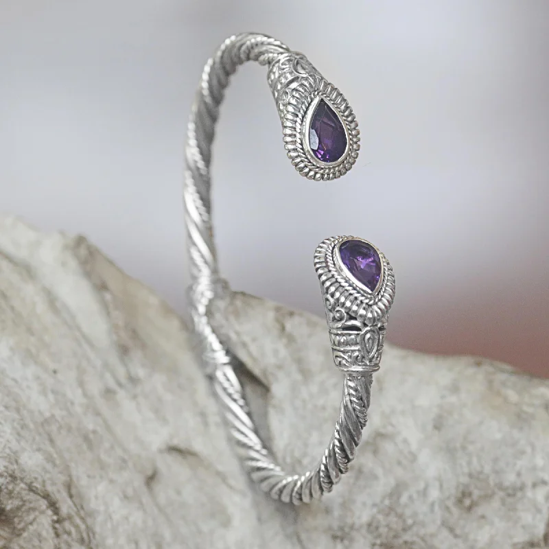 Modern rose gold chain bracelets for women -Bright Eyes Amethyst Sterling Silver Cuff Bracelet from Indonesia