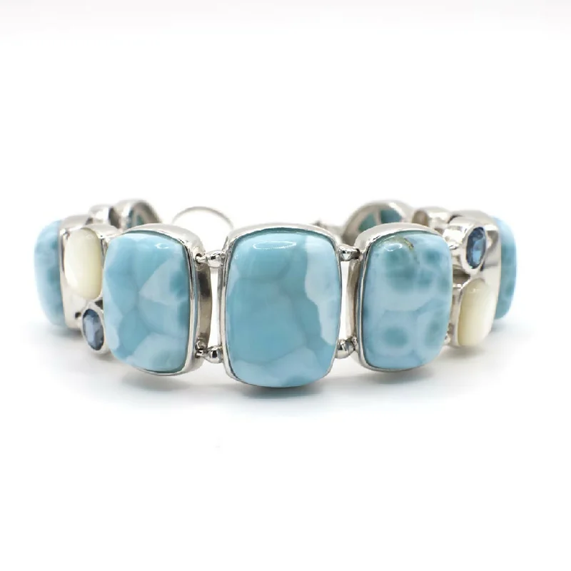 Modern silver tennis bracelets for women -Genuine Larimar, Mother of Pearl, and Topaz Bracelet In Sterling Silver