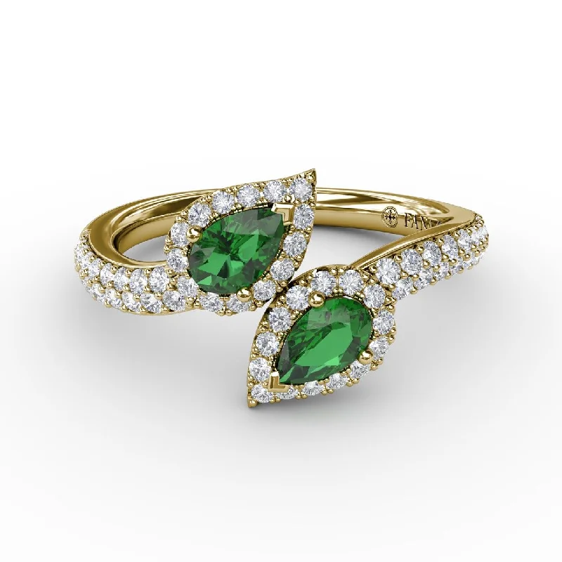 Simple silver band ring for women -Diamond & Emerald Bypass Ring in 14K Yellow Gold