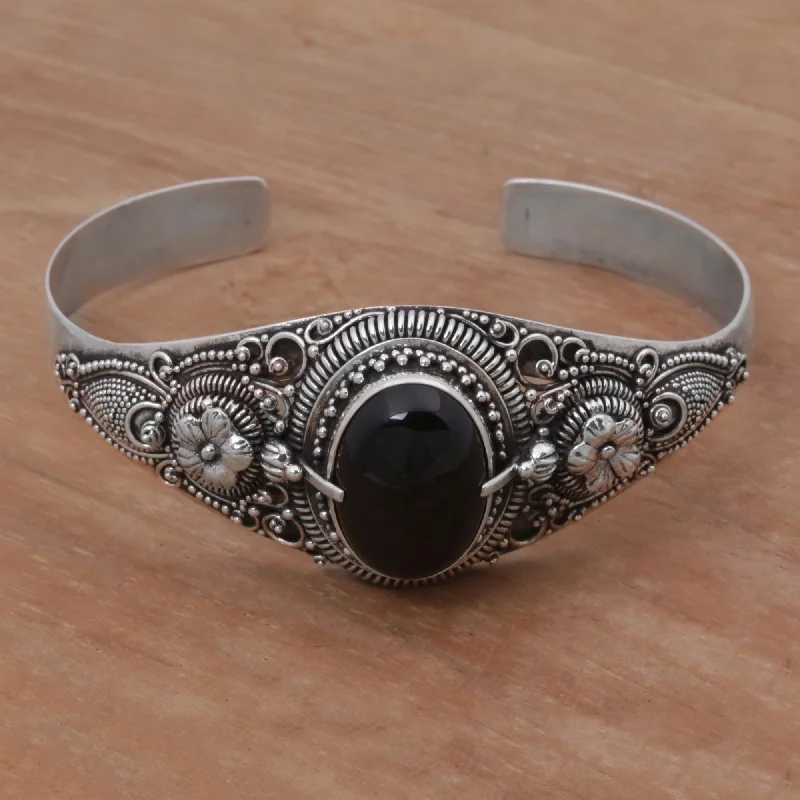 Ladies playful heart bracelets -Balinese Magic In Black Onyx & Silver Floral Bracelet