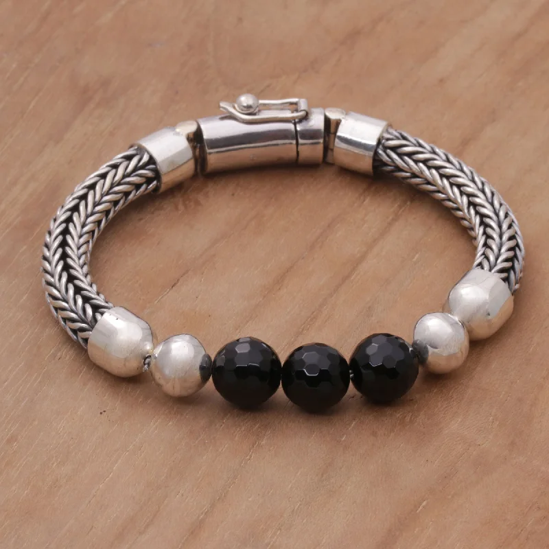 Ladies minimalist pearl cuff bracelets -Bold Elegance Onyx and Sterling Silver Beaded Chain Bracelet from Bali