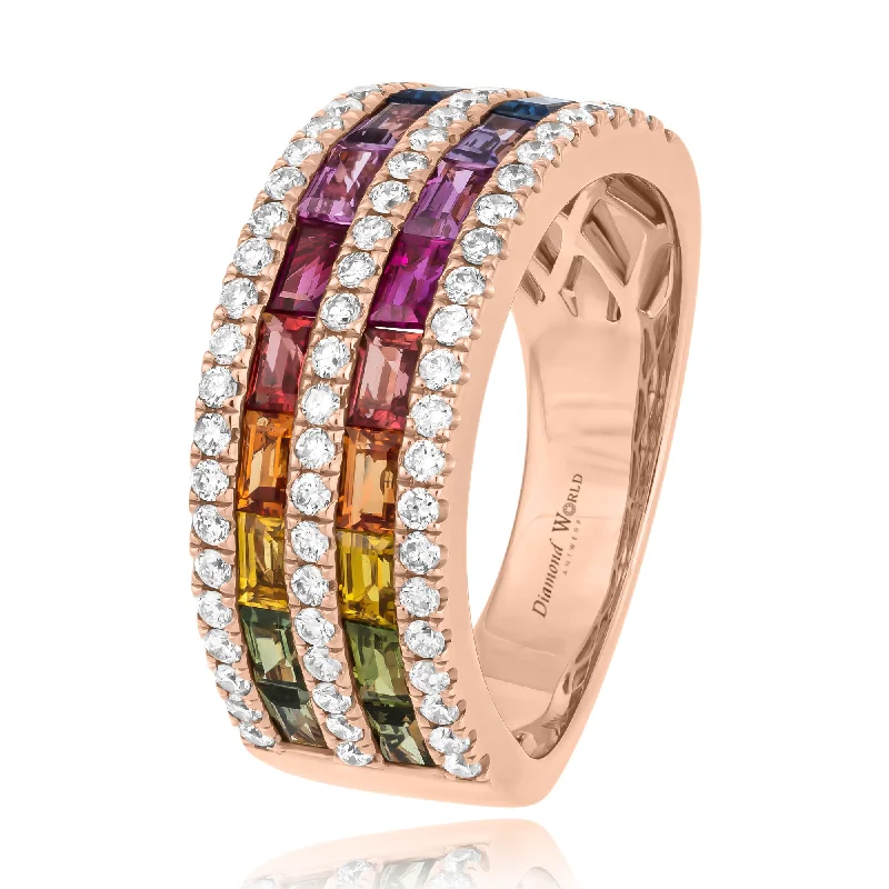 Classic halo ring for women -Five Row Multi Colour Sapphires & Diamonds Ring