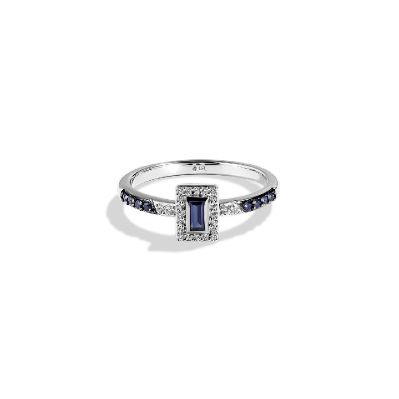 Classic cocktail ring for women -R2 SERIES WOMEN'S RING 1/10 CT.TW. White Diamonds and Blue Sapphire Silver