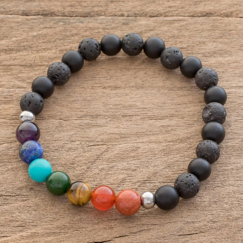 Classic silver bangle bracelets for ladies -Bold Chakra Men's Multi-Gemstone Chakra Beaded Stretch Bracelet