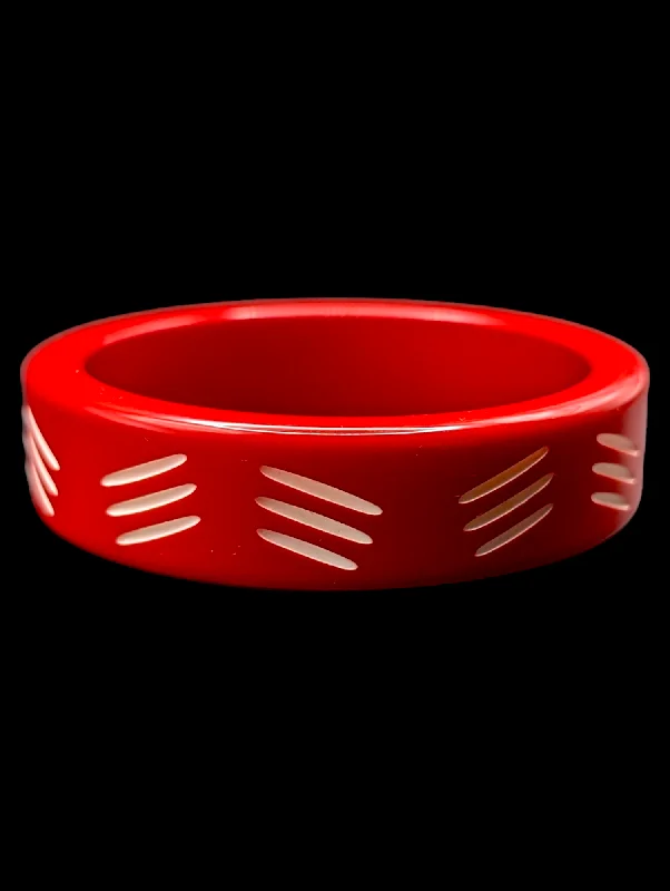 Ladies vintage sapphire bracelets -1950s-1960s Cherry Red Bakelite Bangle Bracelet with Mod White Carved Pattern