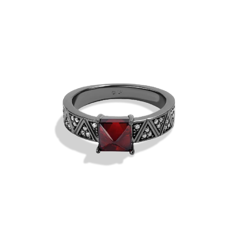 Ladies geometric band ring -DARTH VADER™ BLACK RHODIUM OVER STERLING SILVER RED GARNET GEMSTONE RING with 1/8 CT.TW. Diamonds