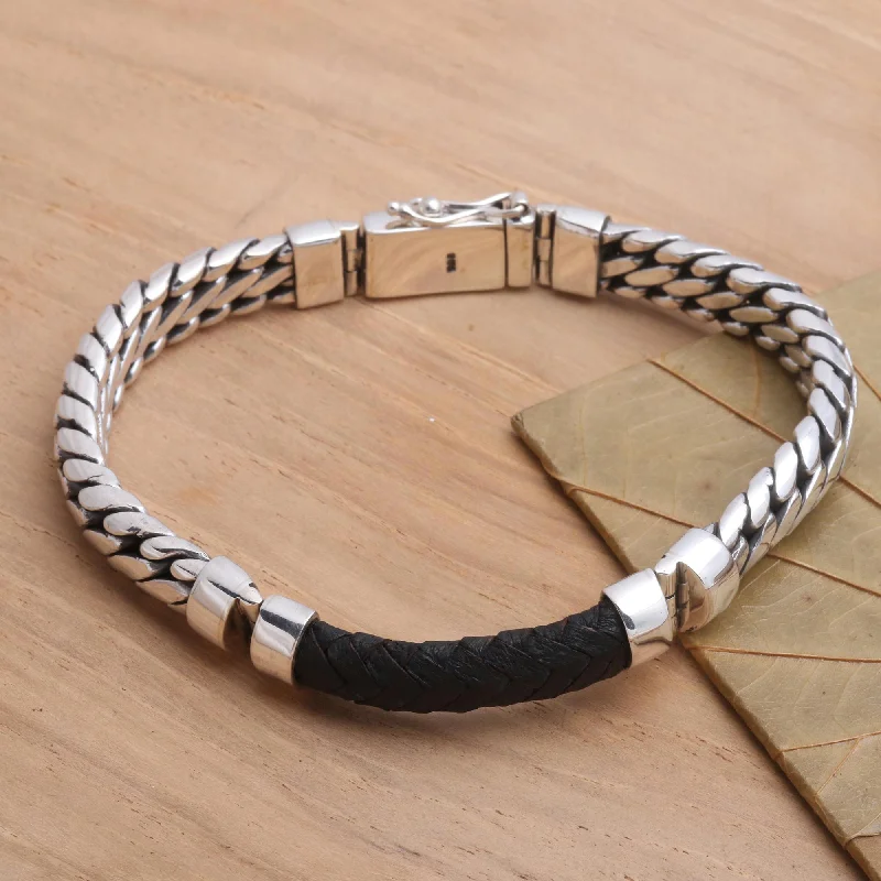 Elegant gold charm bracelets for ladies -Bridge in Black Polished Sterling Silver and Leather Men's Bracelet