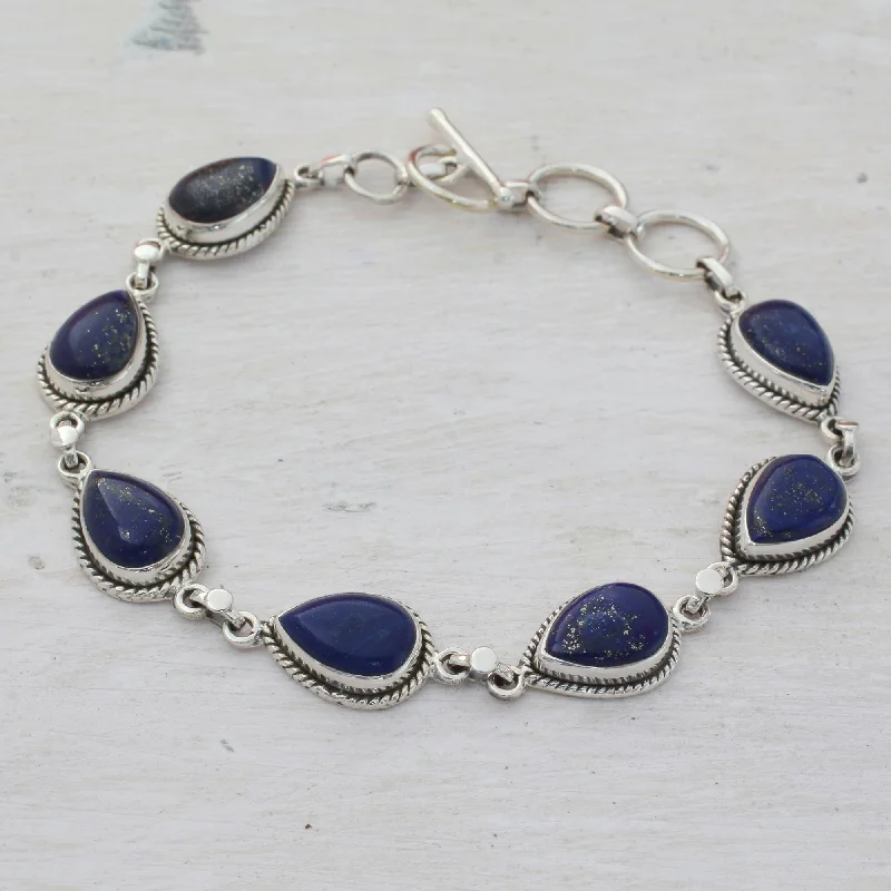 Ladies unique floral bangle bracelets -Caressing Rain in Blue Lapis Lazuli & Silver Link Bracelet