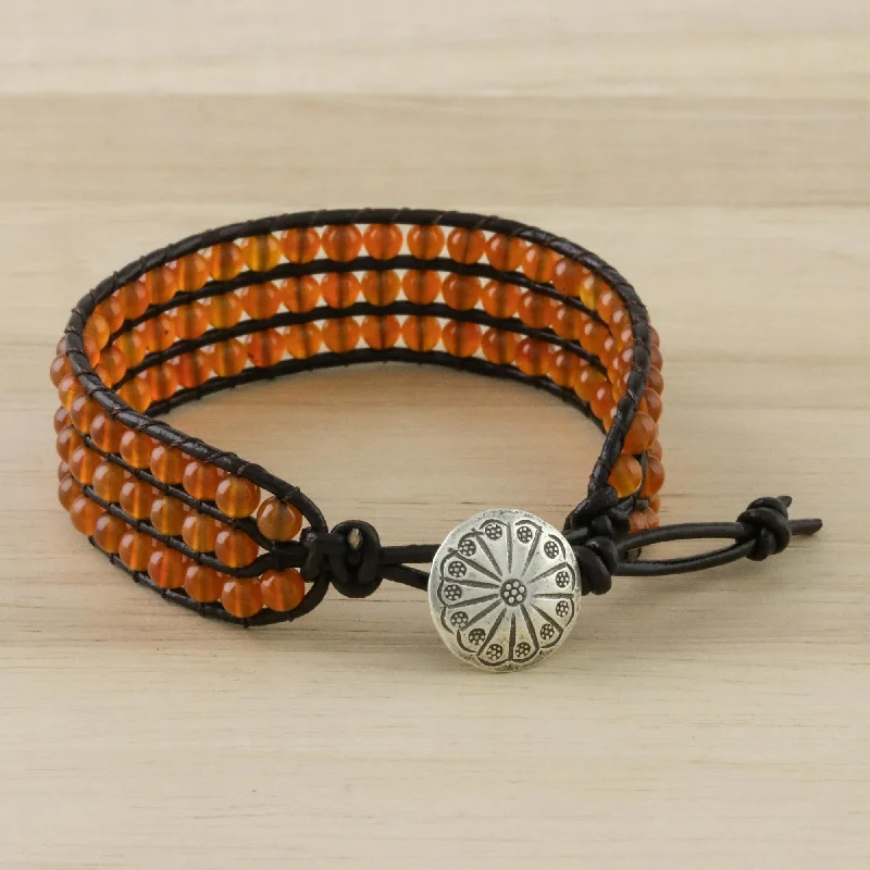 Ladies trendy beaded bangle bracelets -Apricots Carnelian Bead and Karen Silver Button Wristband Bracelet