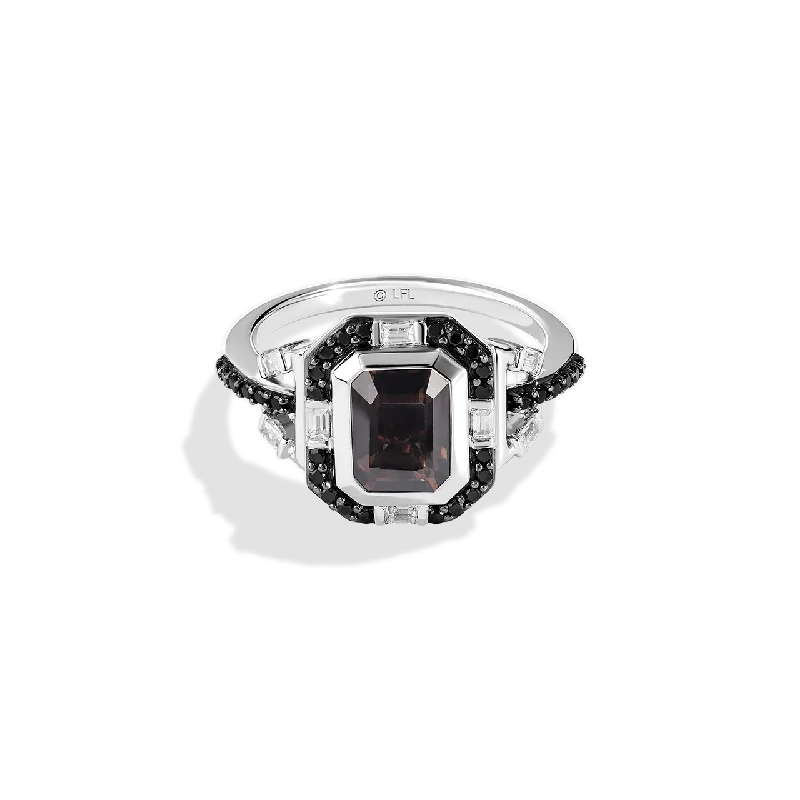 Classic diamond cocktail ring for women -THE WOOKIEE WOMEN'S RING 1/3 CT.TW. Black and White Diamonds and Smokey Quartz Silver