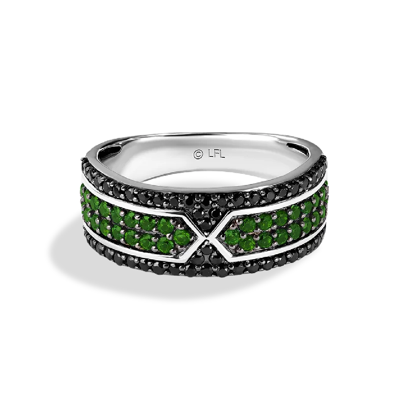 Ladies minimalist ring -LIGHT X DARK WOMEN'S RING, 1/2 CT.TW. Black Diamond and Green Diopside Silver and Black Rhodium