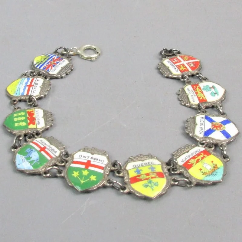 Ladies retro floral bracelets -Sterling Silver & Enamel Canadian Provinces Travel Shield Charm Bracelet Vintage c1970