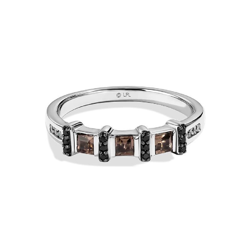 Classic gold band ring for women -THE WOOKIEE WOMEN'S RING 1/6 CT.TW. Black and White Diamonds and Smokey Quartz Silver