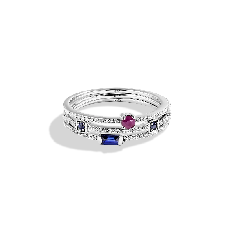 Affordable ladies ring -R2 SERIES WOMEN'S RING 1/5 CT.TW. White Diamonds Garnet and Blue Sapphire Silver