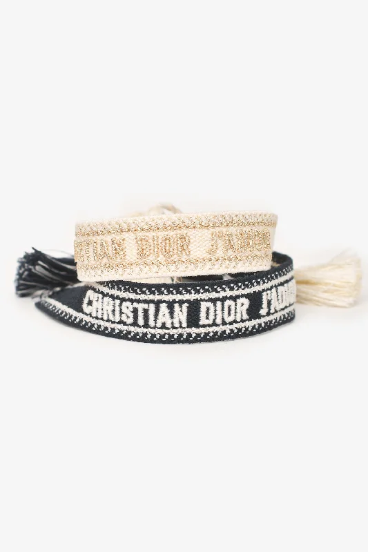 Ladies bold rose gold cuff bracelets -Christian Dior Navy/White Logo Embroidered Friendship Duo Bracelets