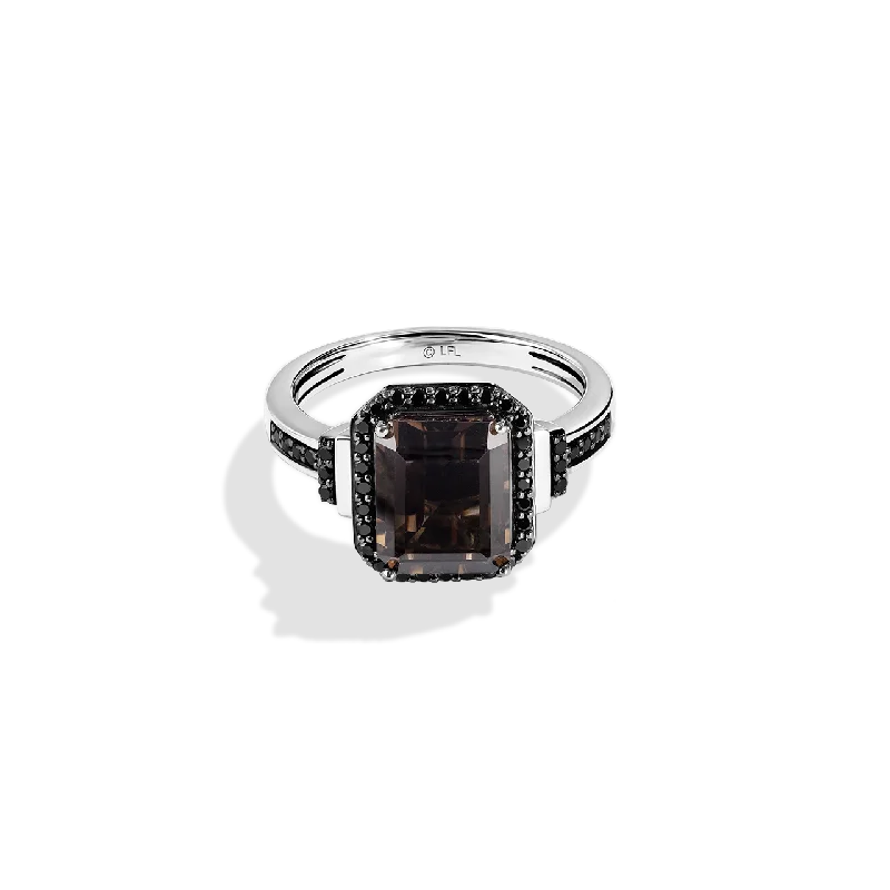 Ladies geometric ring -THE WOOKIEE WOMEN'S RING 1/3 CT.TW. Black Diamonds and Smokey Quartz Silver