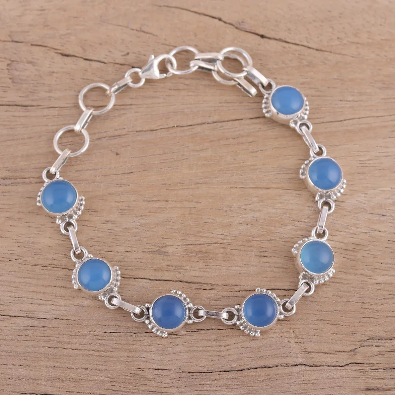 Ladies boho leather bracelets -Charming Orbs Chalcedony and Sterling Silver Link Bracelet from India