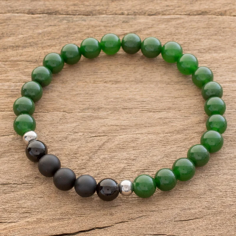 Classic pearl strand bracelets for ladies -Awake Men's Jade and Agate Beaded Stretch Bracelet from Costa Rica