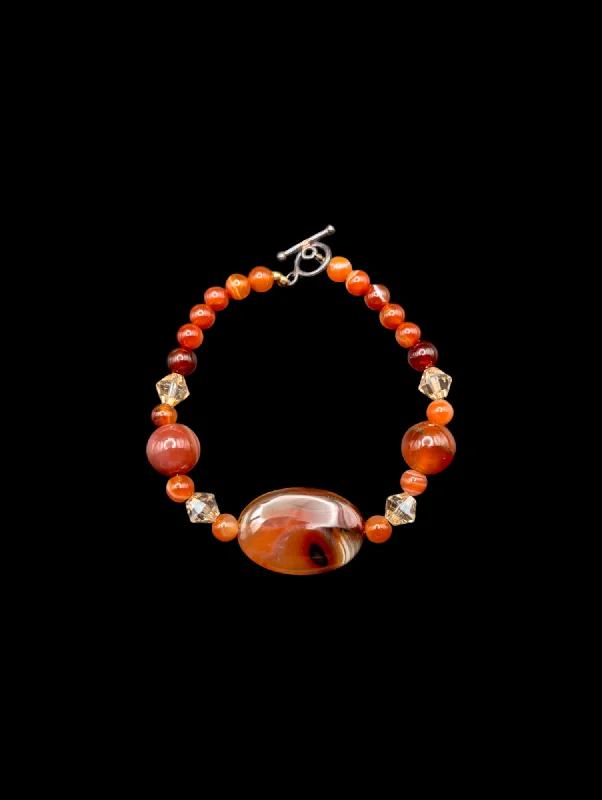 Ladies elegant emerald cuff bracelets -Vintage Carnelian Agate Oval 925 Bracelet