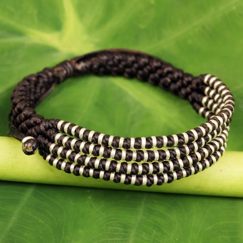 Ladies vintage sapphire bracelets -Chocolate Chiang Mai Quartet Thai Hill Tribe Silver Dark Brown Macrame Bracelet