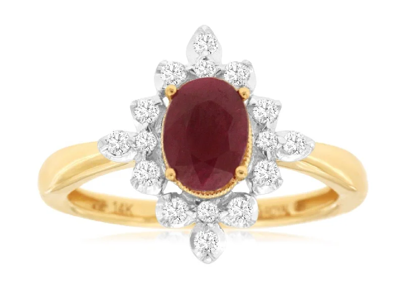 Ladies asymmetrical ring -14k Yellow Gold Ruby and Diamond Ring