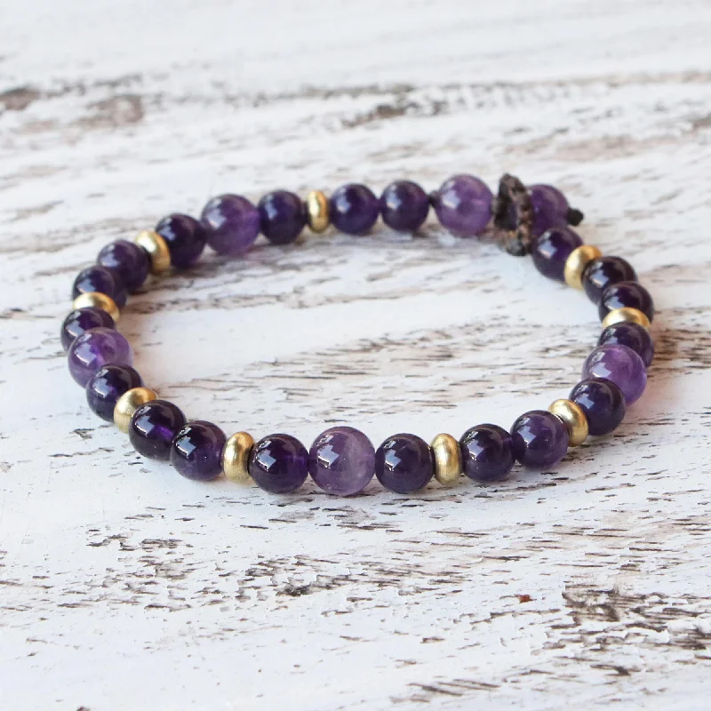 Ladies minimalist pearl cuff bracelets -Beautiful Thai in Purple Amethyst and Brass Beaded Bracelet from Thailand