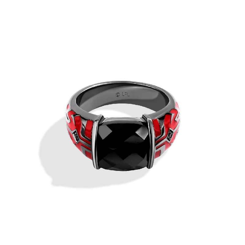 Modern princess ring for ladies -DARTH MAUL™ MEN'S RING Accent Black Diamonds, Black Onyx in Sterling Silver with Red Enamel