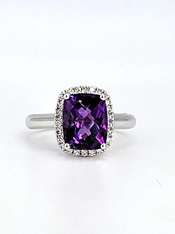 Elegant cushion ring for women -14k White Gold Amethyst and Diamond Ring