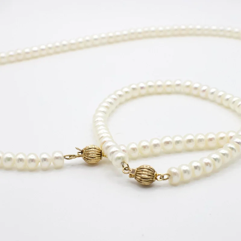 Trendy silver charm bracelets for ladies -Vintage 14K Yellow Gold Honora Button Pearl Necklace and Bracelet Set