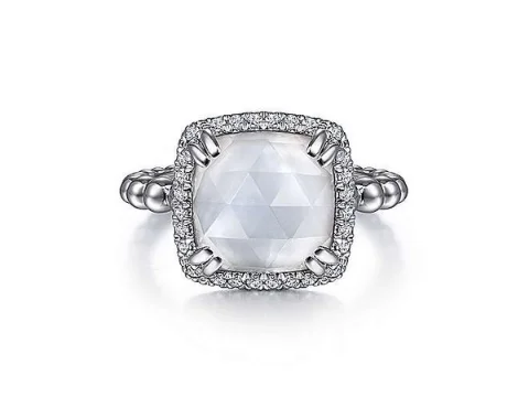 Elegant birthstone ring for women -Bujukan White Sapphire, Rock Crystal and White Mother of Pearl Ladies Ring