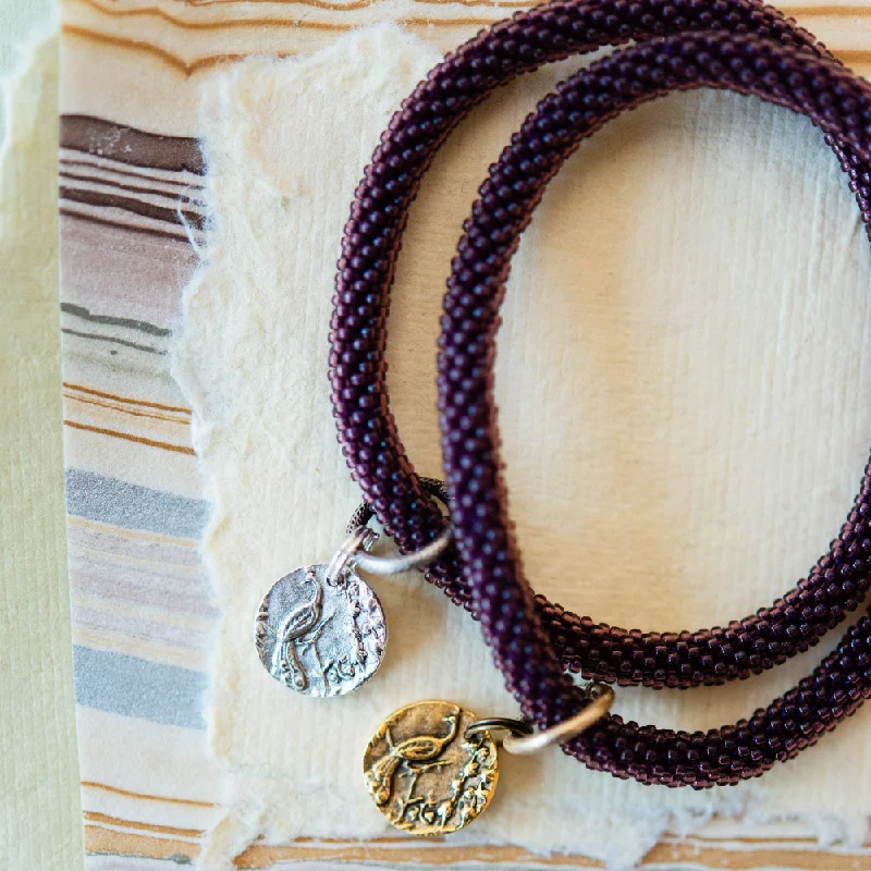 Ladies intricate filigree bracelets -Beaded Bangle + Peacock Charm