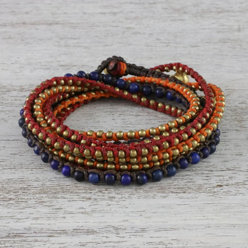 Vintage crystal beaded bracelets for women -Bohemian Bells Boho Lapis Lazuli Beaded Wrap Bracelet from Thailand