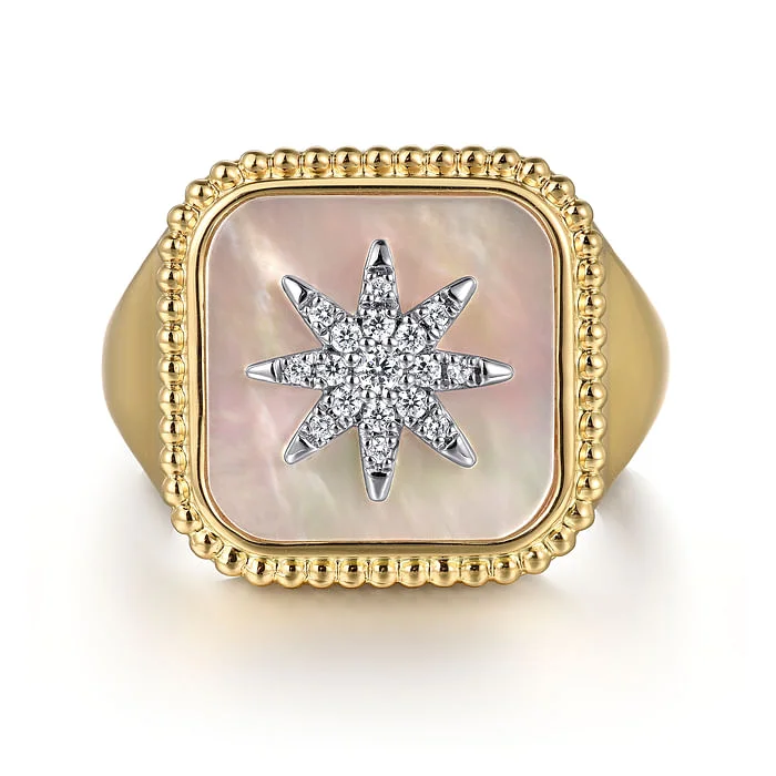 Ladies geometric band ring -Mother of Pearl and Diamond Signet Ring in 14K Yellow Gold