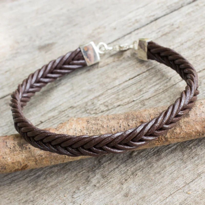 Simple rose gold charm bracelets for women -Assertive in Brown Thai Brown Leather Braided Bracelet with Silver Clasp