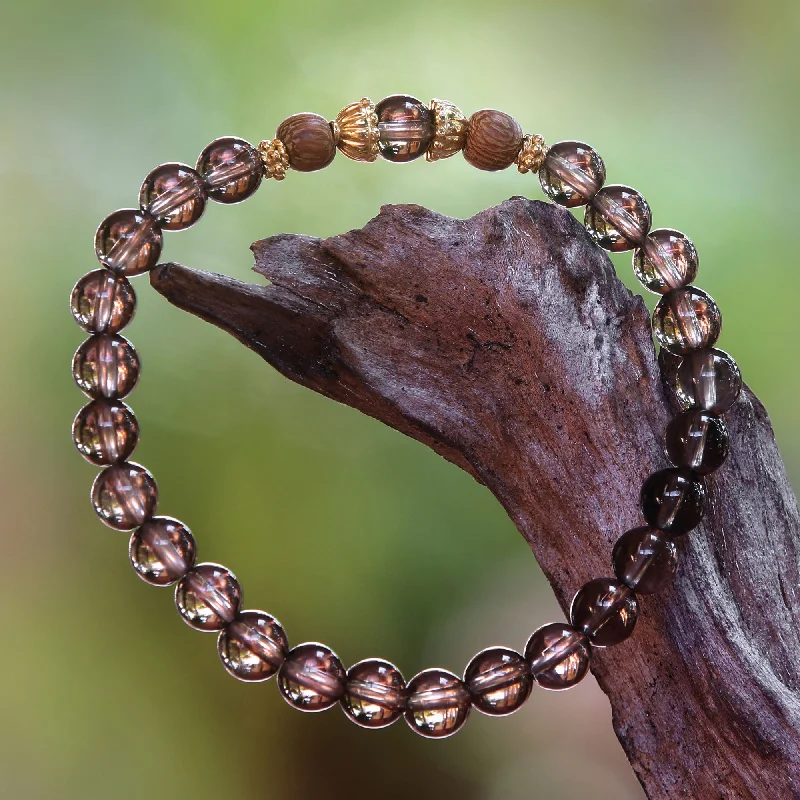 Ladies unique floral bangle bracelets -Batuan Tune Smoky Quartz Beaded Stretch Bracelet with Wood Accents