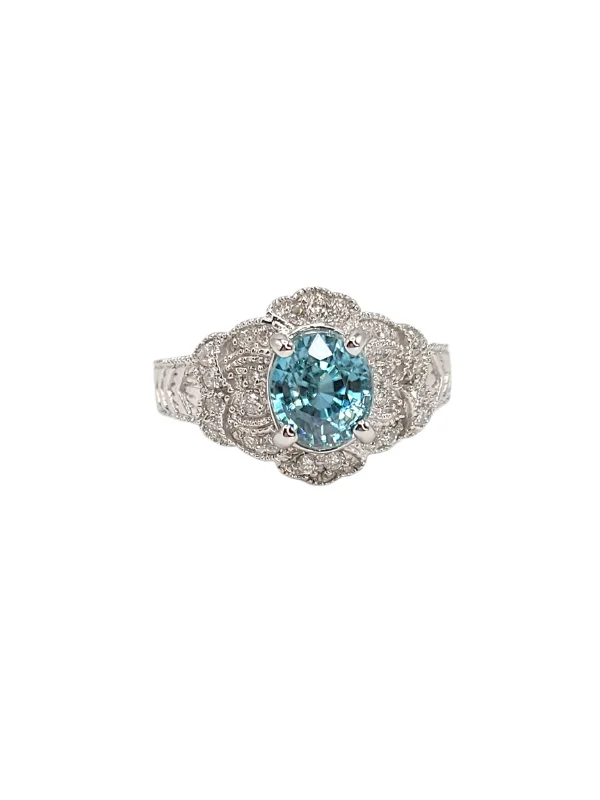 Modern gemstone ring for women -Estate 14 Karat White Gold Blue Zircon and Diamond Ring