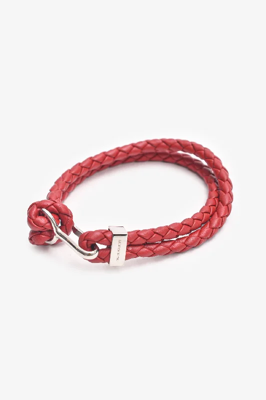 Ladies sparkling topaz bracelets -Burberry Red Leather Braided Hook Bracelet