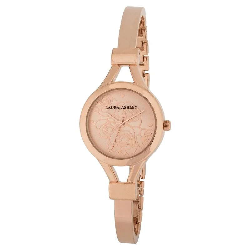 Ladies elegant amethyst bracelets -Laura Ashley Women's Rose Gold Mineral/Stainless Steel Thin Bangle Floral Dial Watch - Pink