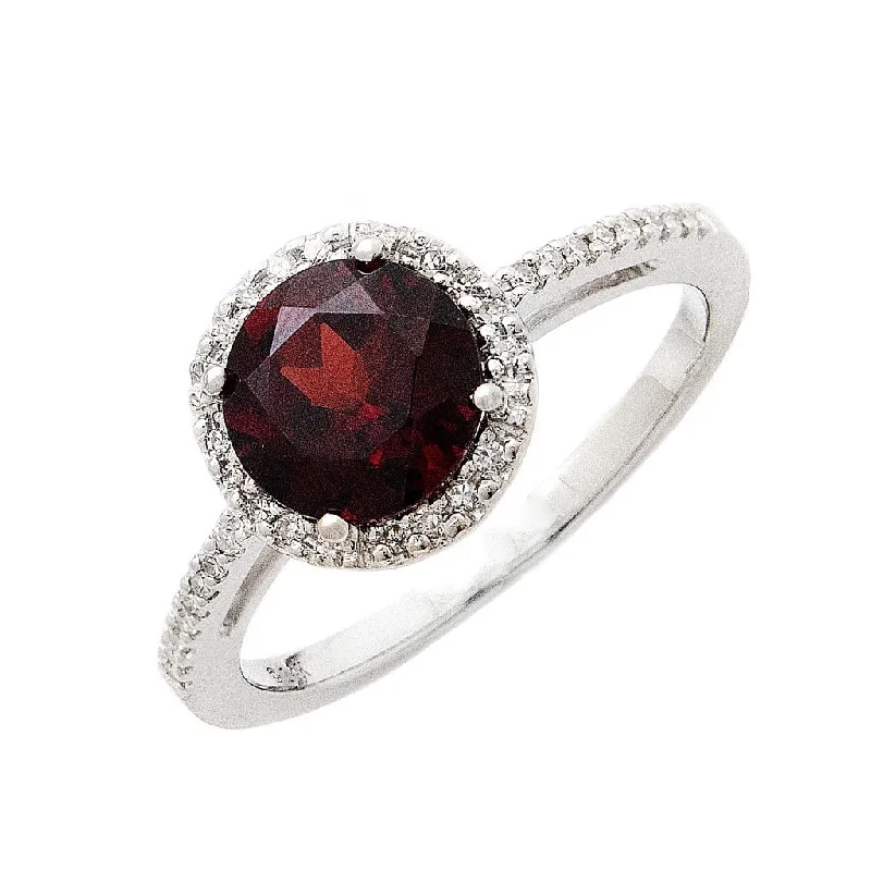 Ladies oval stone ring -14k White Gold Garnet and Diamond Fashion Ring