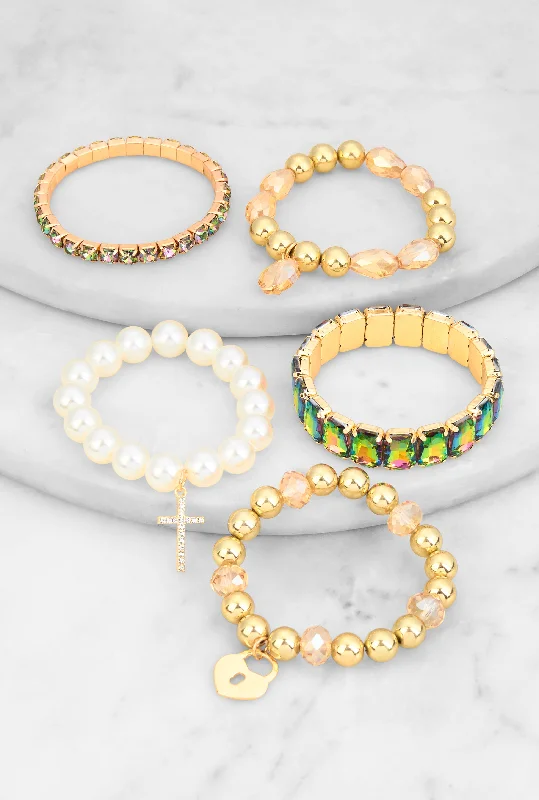 Classic pearl strand bracelets for ladies -Multi Charm Iridescent Stretch Bracelets Set of 5