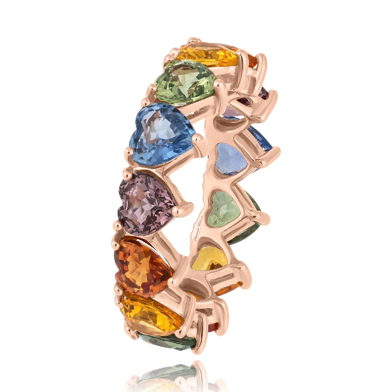 Ladies floral gemstone ring -Heart Shape Multi Colour Sapphires Eternity Ring