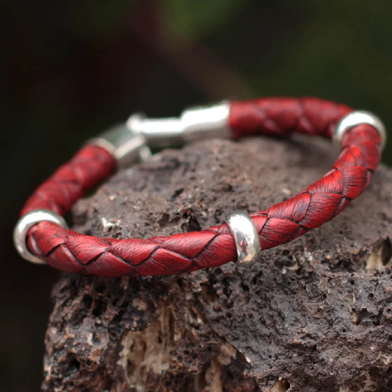 Vintage-inspired turquoise bracelets for ladies -Bold Red Handmade Men's Leather Braided Bracelet with Sterling Silver