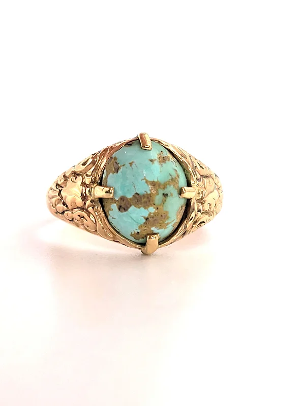 Trendy gold ring for ladies -Estate 9 Karat Yellow Gold Art Nouveau Turquoise Ring