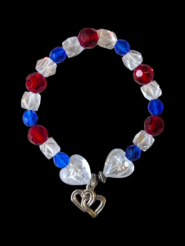 Modern rose gold cuff bracelets for ladies -Vintage Cut Crystal Heart Charm Bracelet in Red, White and Blue