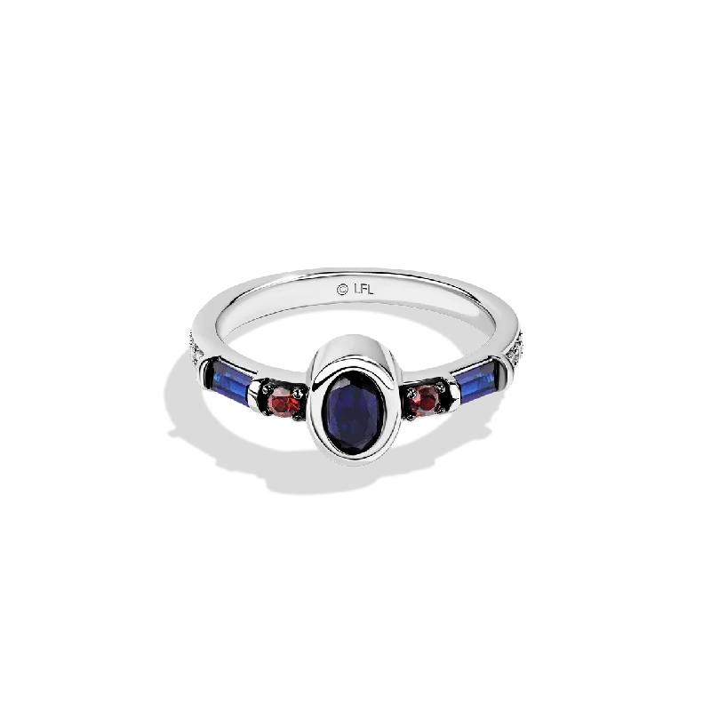 Classic gold band ring for women -R2 SERIES WOMEN'S RING Accent Diamonds Garnet and Created Blue Sapphire in Sterling Silver