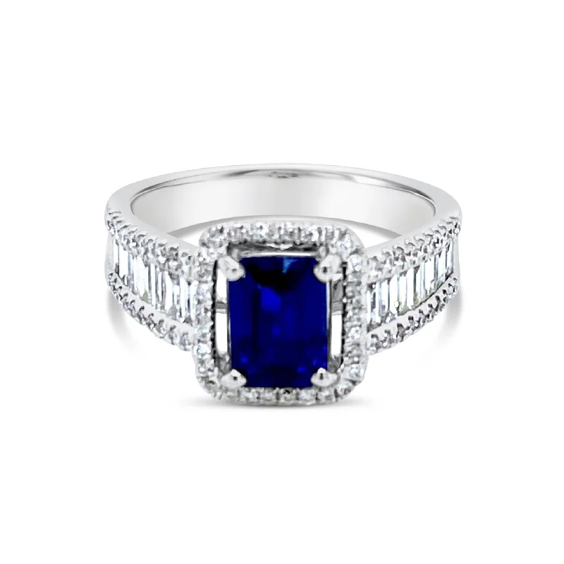 Modern princess ring for ladies -Emerald cut Sapphire & Diamonds "Nina" Ring