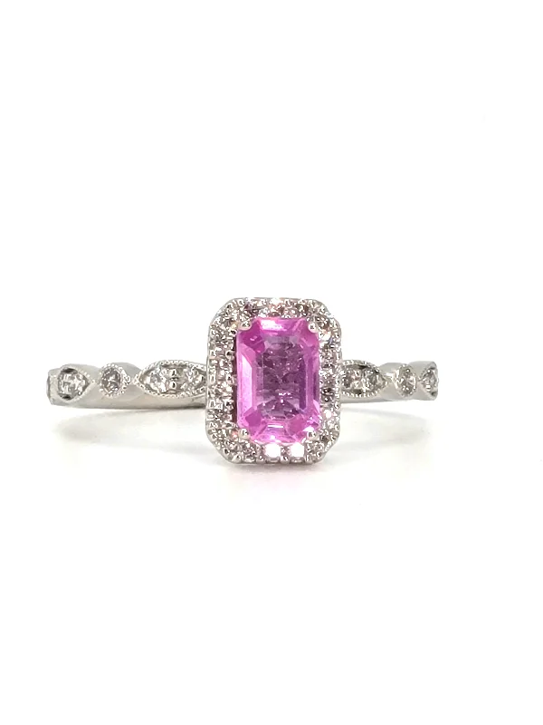 Dainty stackable ring for ladies -14k White Gold Pink Sapphire and Diamond Ring