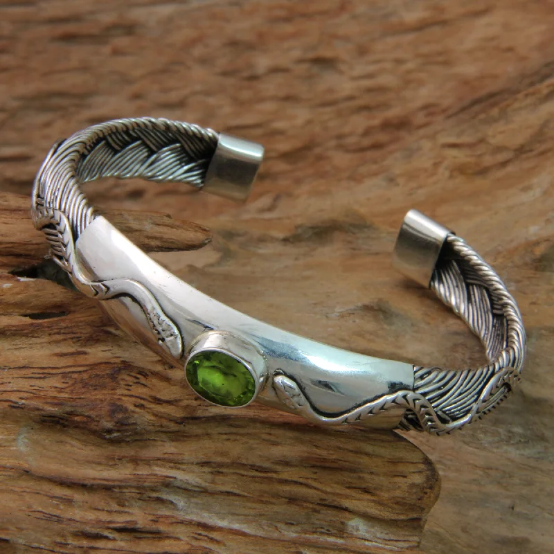 Simple silver beaded bracelets for ladies -Baby Viper Snake Motif Cuff Bracelet with Peridot