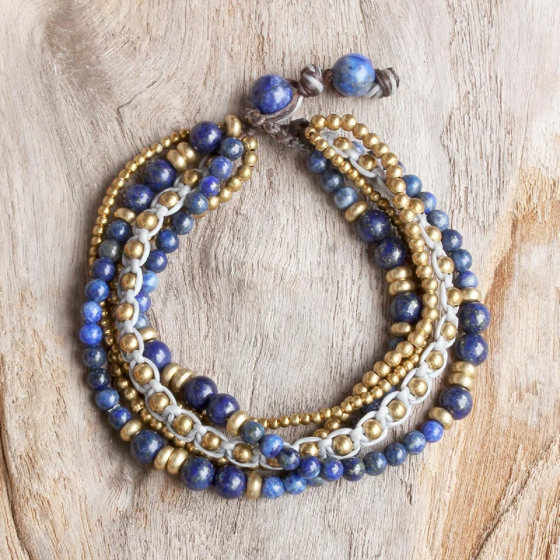 Ladies elegant onyx bracelets -Brisk Ocean Brass and Lapis Lazuli Multi-Strand Beaded Bracelet