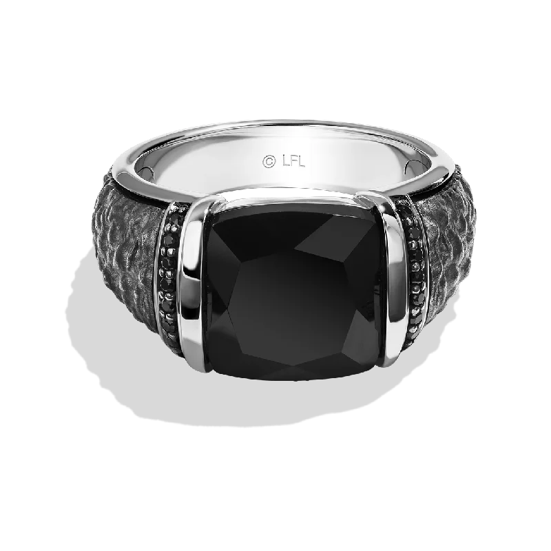 Trendy statement ring for women -IN CARBONITE MEN'S RING 1/6 CT.TW. Black Diamonds and Black Onyx Silver and Black Rhodium